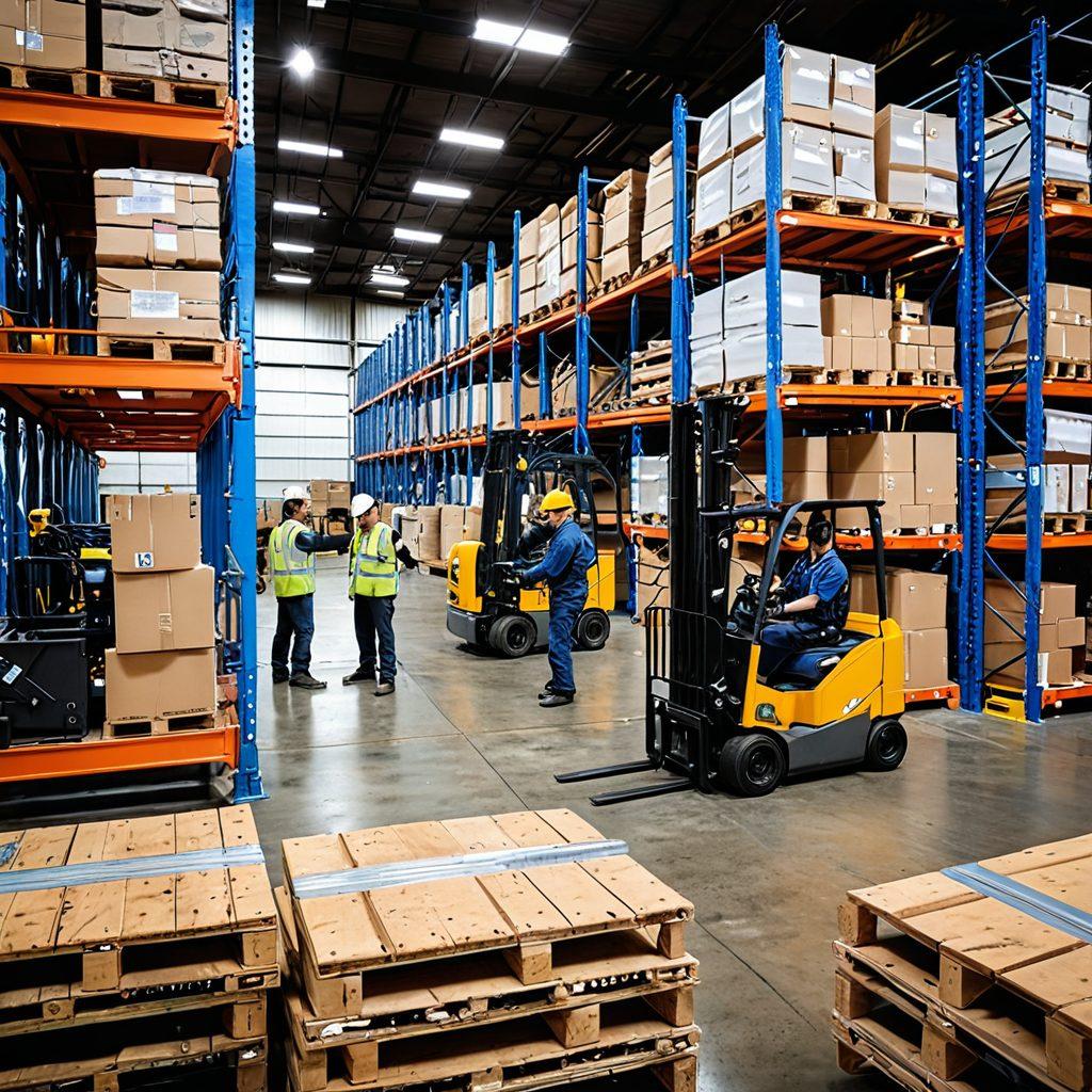 A dynamic warehouse environment showcasing Mohawk lifting equipment in action, with a diverse group of workers expertly maneuvering heavy materials. Highlight well-organized pallets and safety gear in use, emphasizing efficiency and teamwork. Include bright, inviting colors and focus on the lifting machinery's details to depict strength and reliability. super-realistic. vibrant colors. energetic atmosphere.