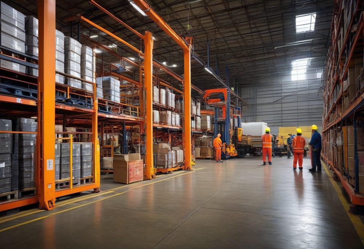 A dynamic warehouse scene featuring Mohawk lifting solutions in action, showcasing various models efficiently lifting heavy material. Workers with safety gear collaborate around the equipment, highlighting teamwork and productivity. Incorporate vivid colors to emphasize energy and movement, with well-organized surroundings, promoting an atmosphere of high efficiency. super-realistic. vibrant colors. industrial setting.